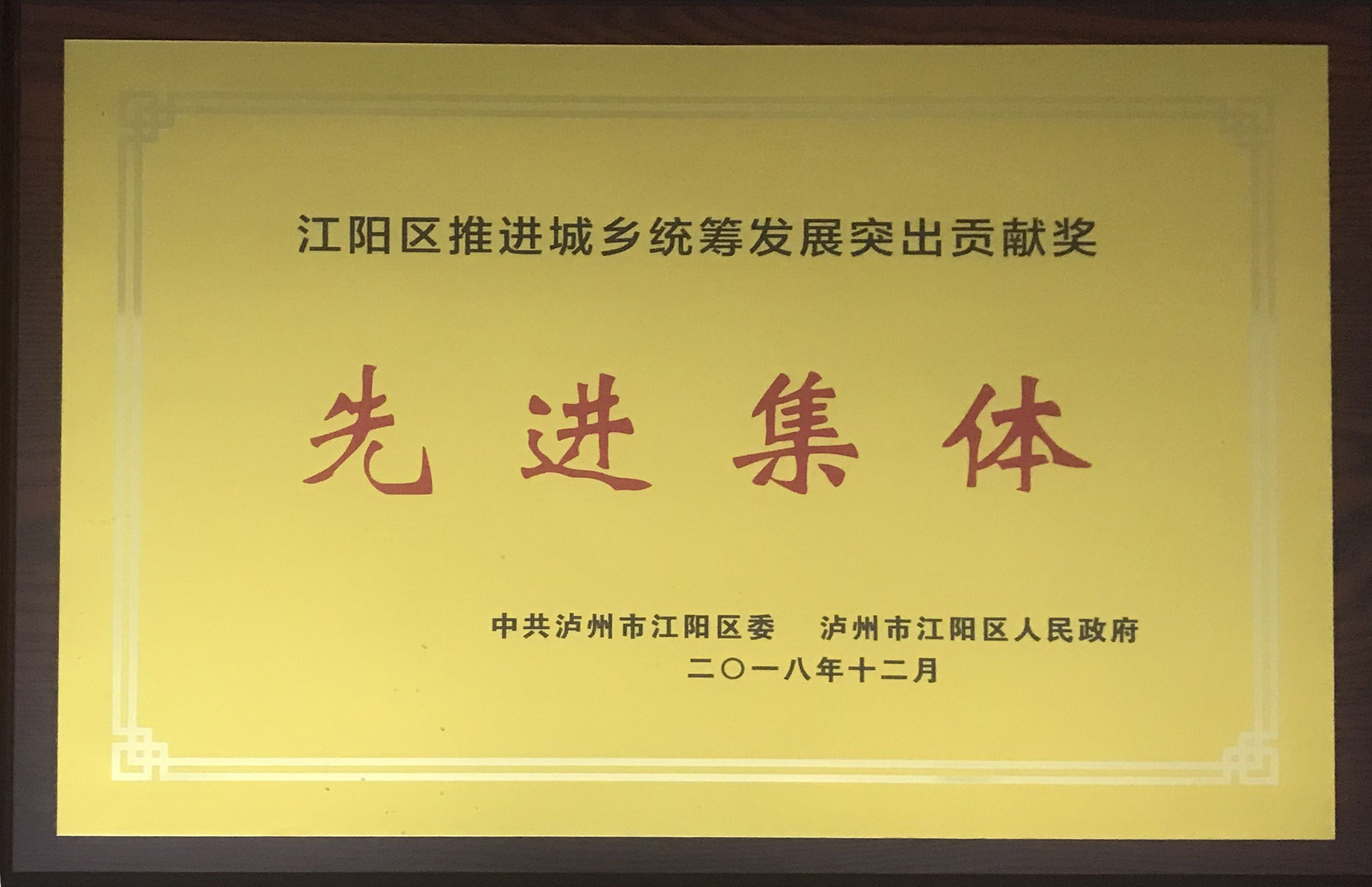 江陽區(qū)推進(jìn)城鄉(xiāng)統(tǒng)籌發(fā)展突出貢獻(xiàn)獎